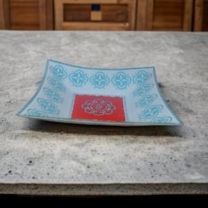 Travessa Quadrada De Vidro Estampada Flores Azul E Vermelha 19154
