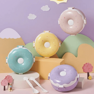 Lancheira em formato de donuts com colher e garfo infantil